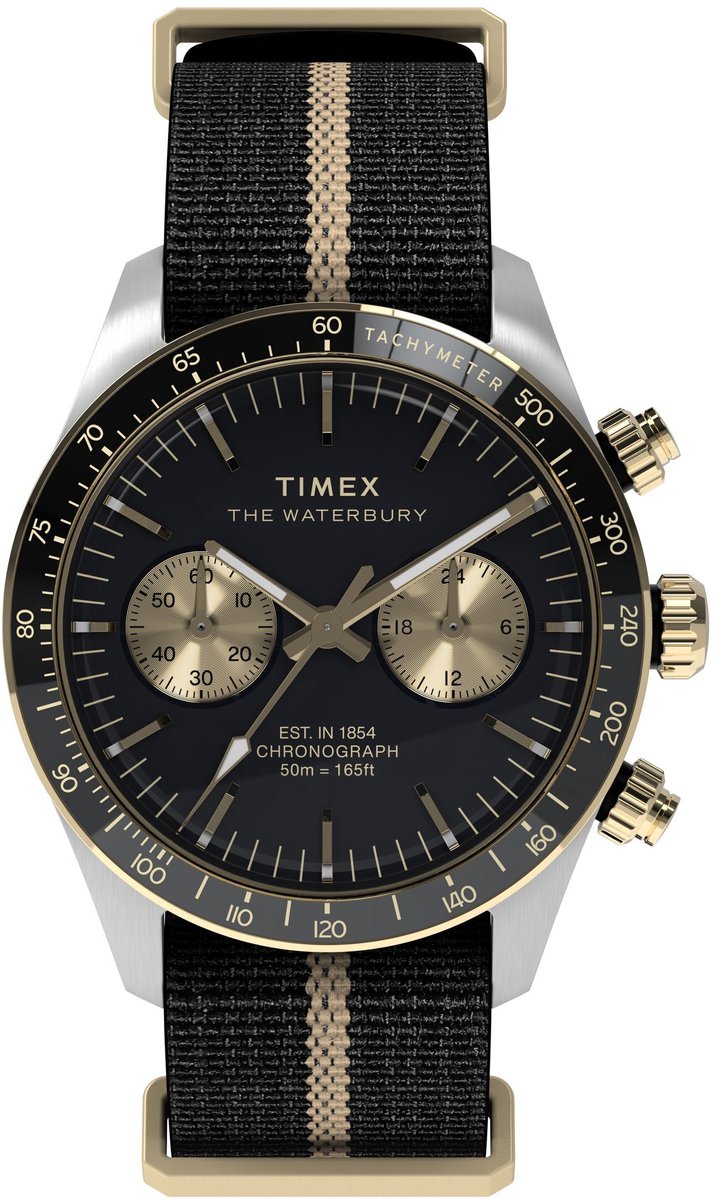 Timex Waterbury Heritage Chronograph Quartz Chronograaf Horloge Zwart Kast: 100% Roestvrij Staal | Armband 100% Textile 39 mm TW2Y35400AJ, TW2Y35500AJ