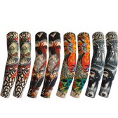 Multicolor tattoo mouwen armmouwen set voor heren en dames – 8 stuks elastische tattoo sleeves met realistische tattoo print, schedel, wolf, zon en illustratieve tattoo patronen – naadloze arm sleeves