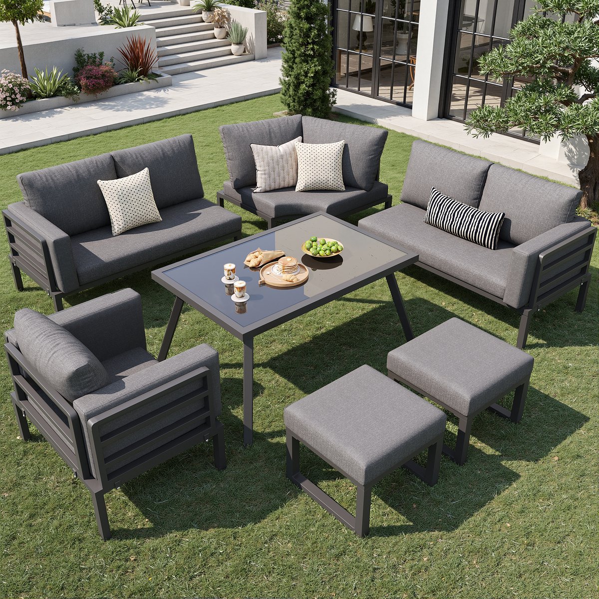 FloraGrace Loungeset Voor 8 Personen - Modulaire Tuinbank Met Glazen Tafel En Hockers - Weerbestendig IJzer - Grijs