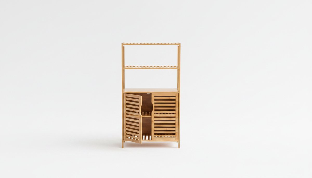 Boekenkast- Boekenkast Bamboe met Opbergkast en Lamellendeuren – Opbergrek met 2 Planken en Dichte Kast – Vrijstaand Multifunctioneel Design Kast 60x33x115 cm – Woonkamer, Slaapkamer, Kantoor – abtkantoor