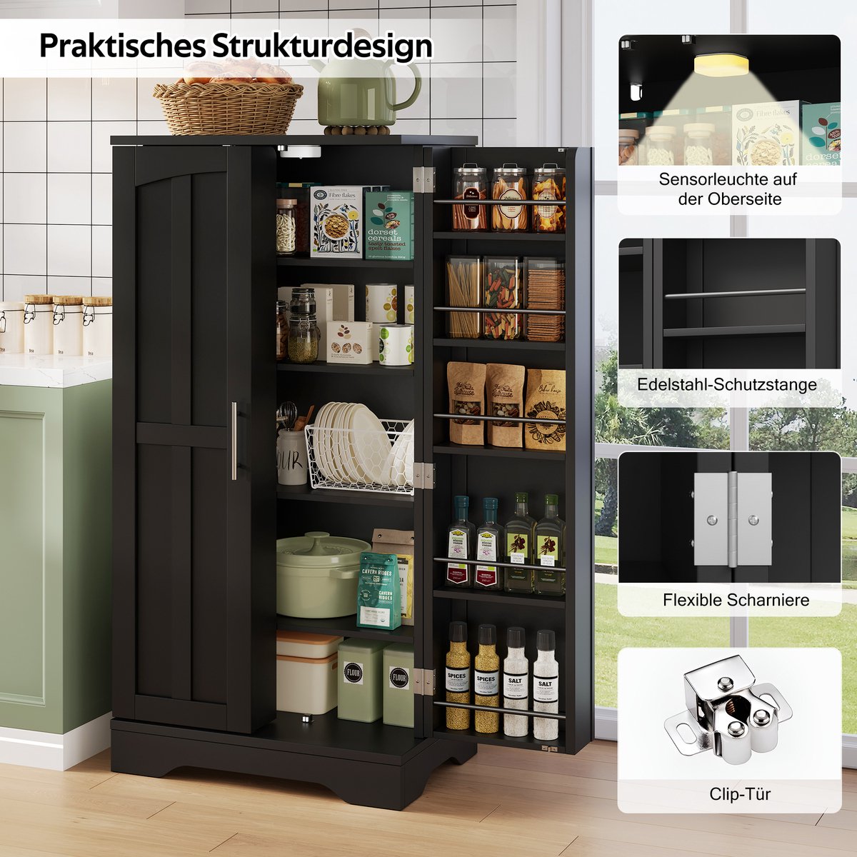 Intebiki keukenkast - keukeneiland - buffetkast - keukenkast organizer - 120 x 60 x 40 cm – met led – opbergkast – met verstelbare planken en deurrekken – geschikt voor de keuken, eetkamer of woonkamer – apothekerskasten – zwart — cadeau in Cadeau-ideeën - foto 2