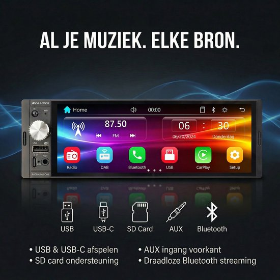Caliber Autoradio Draadloze Carplay - 1 DIN - Bluetooth - DAB - Achteruitrijcamera inbegrepen - 4 x 100 Watt - Touchscreen - Zwart