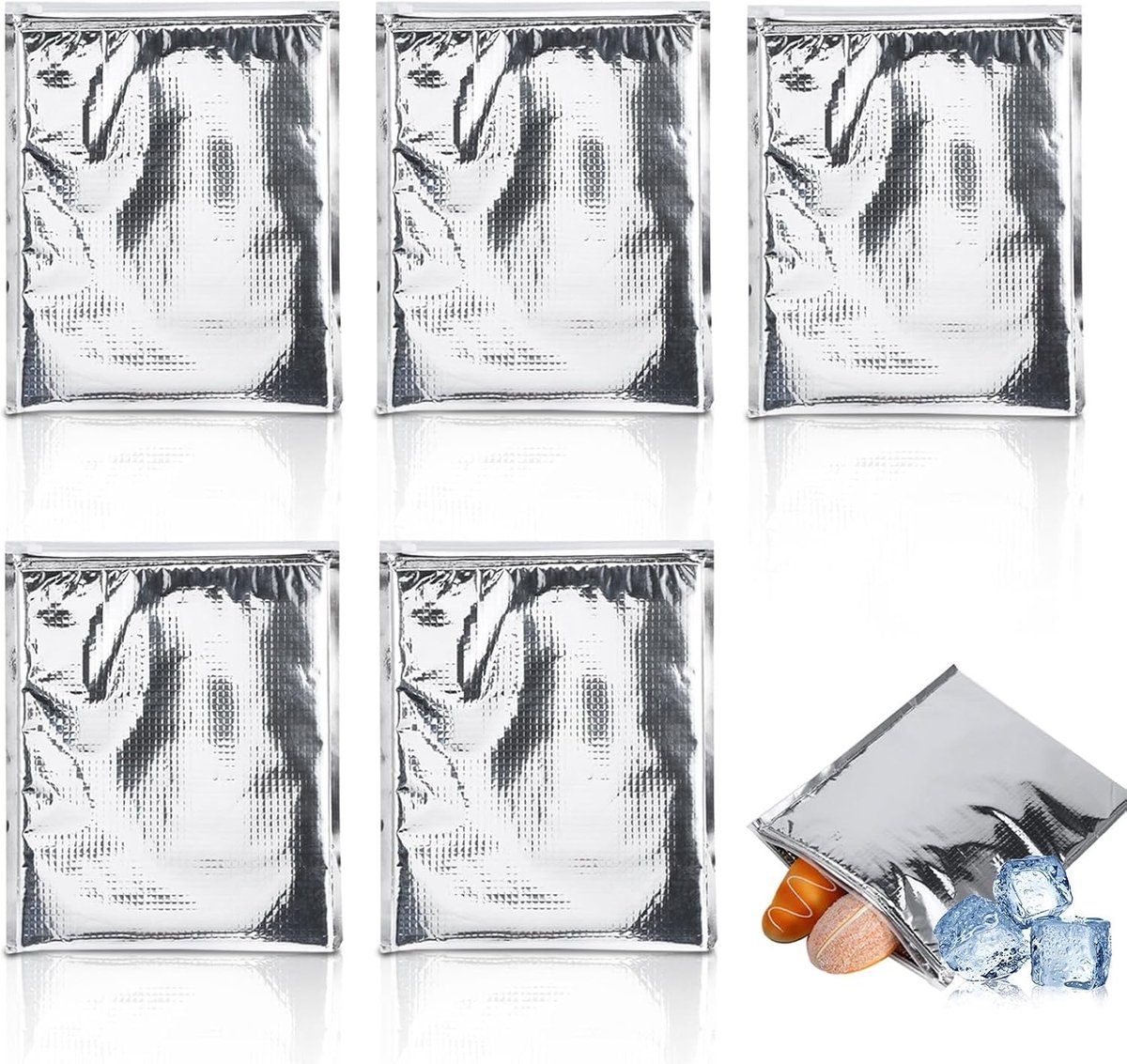 Herbruikbare Isolatie Tassen - 5pcs/set Aluminium Folie Geïsoleerde Voedselopslag Liner Tassen - Thermische Koeltas - Waterdichte Tassen (Zilver) (25*30cm)