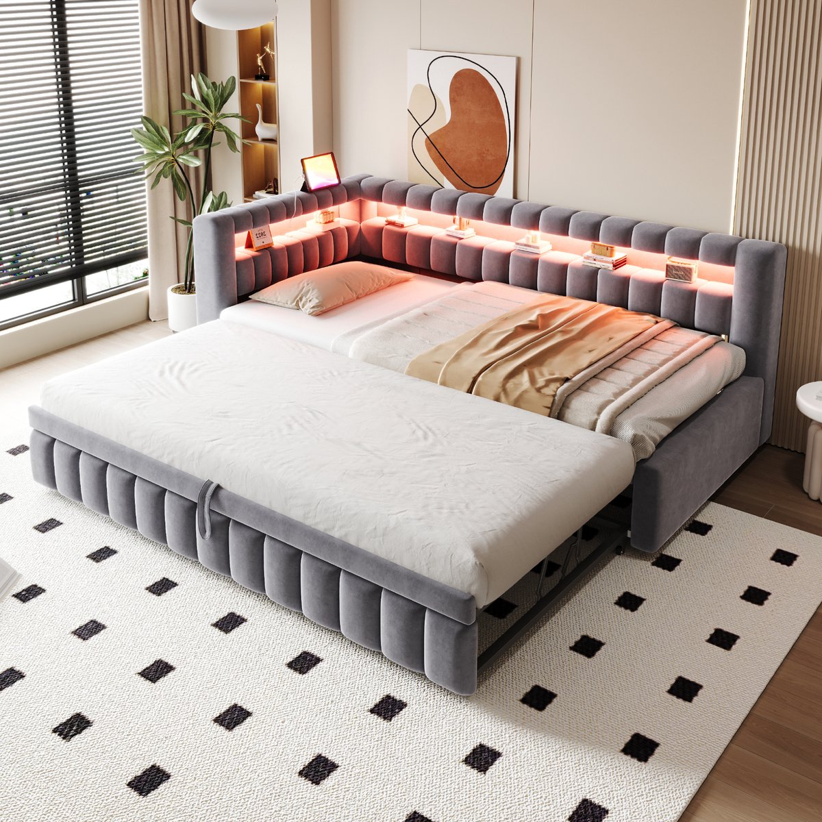 MODFU - Slaapbank - Uitschuifbaar Met Ledverlichting En Oplaadpunten - Modern - Gestoffeerd - Grijs - 90 X 200 Cm