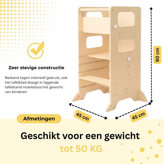 Afmetingen van de houten leertoren: 90 cm hoog, 45 cm breed en 45 cm diep. Geschikt tot 50 kg.