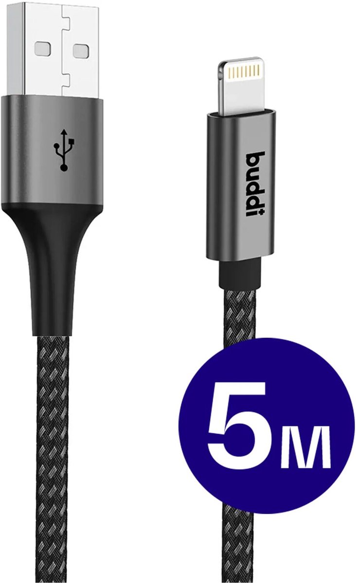 Buddi Flex | USB-A naar Lightning Kabel 12W Fast Charge | 480Mbps Dataoverdracht | Lange Kabel | Gevlochten Nylon | 5M | 5 Meter | Zwart