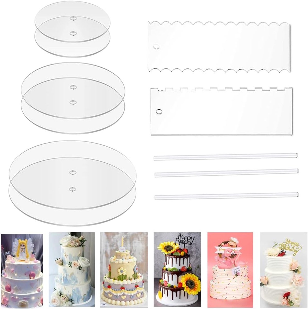 Acrylic Round Cake Plates Set - Cake Discs Circle Base Shelves with Center - 2 Scraper (4 Patterns) & Plug Rod - Taartdecoratie - Bakaccessoires