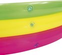 Drie gekleurde ringen van een opblaasbaar zwembad (groen, geel, roze) met ventielen.