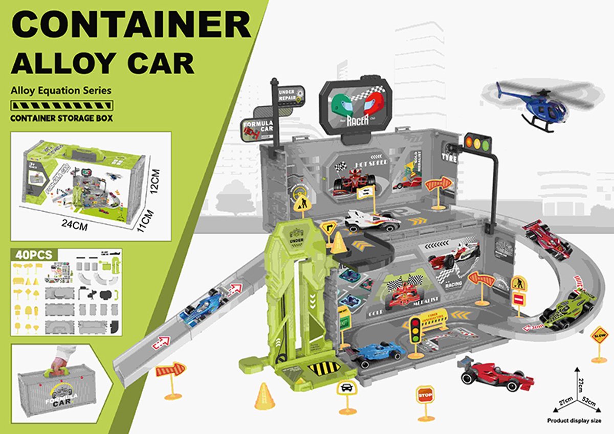 PitStop Container Autoparking - Racebaan - Speelgoed - Compact - 40 Stuks - Inclusief Lift en Accessoires