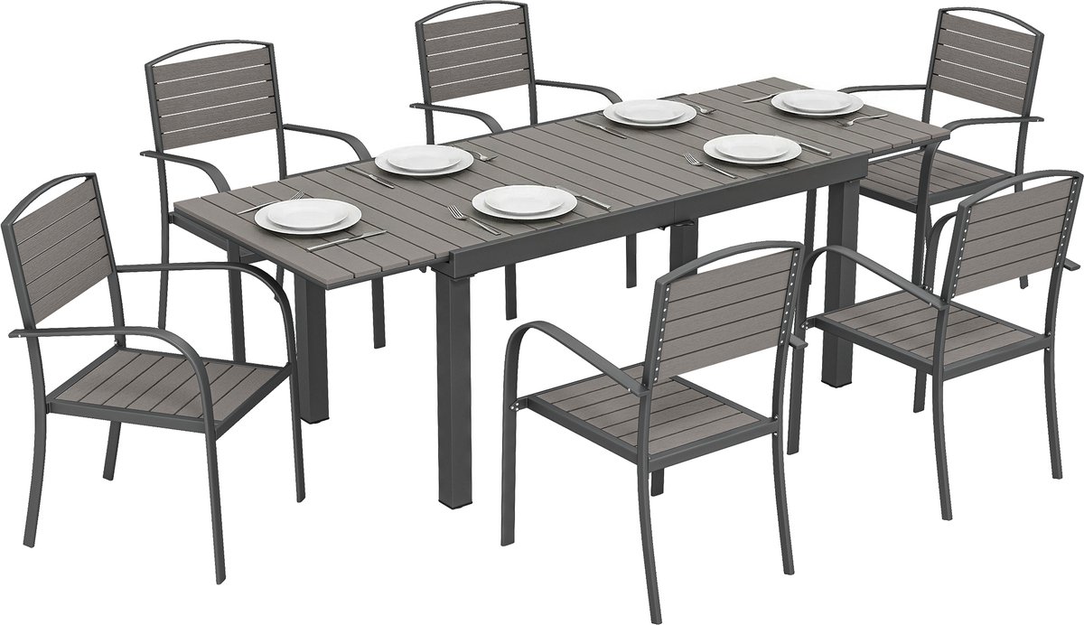 Outsunny Patio Dining Set-Aluminium, WPC-225L x 85B x 75H cm-Grijs Grijs, donkergrijs
