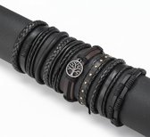 10-delige set heren armbanden – zwart en bruin – gevlochten en glad imitatieleer – verstelbaar – met boommunt hanger – mix van stijlen