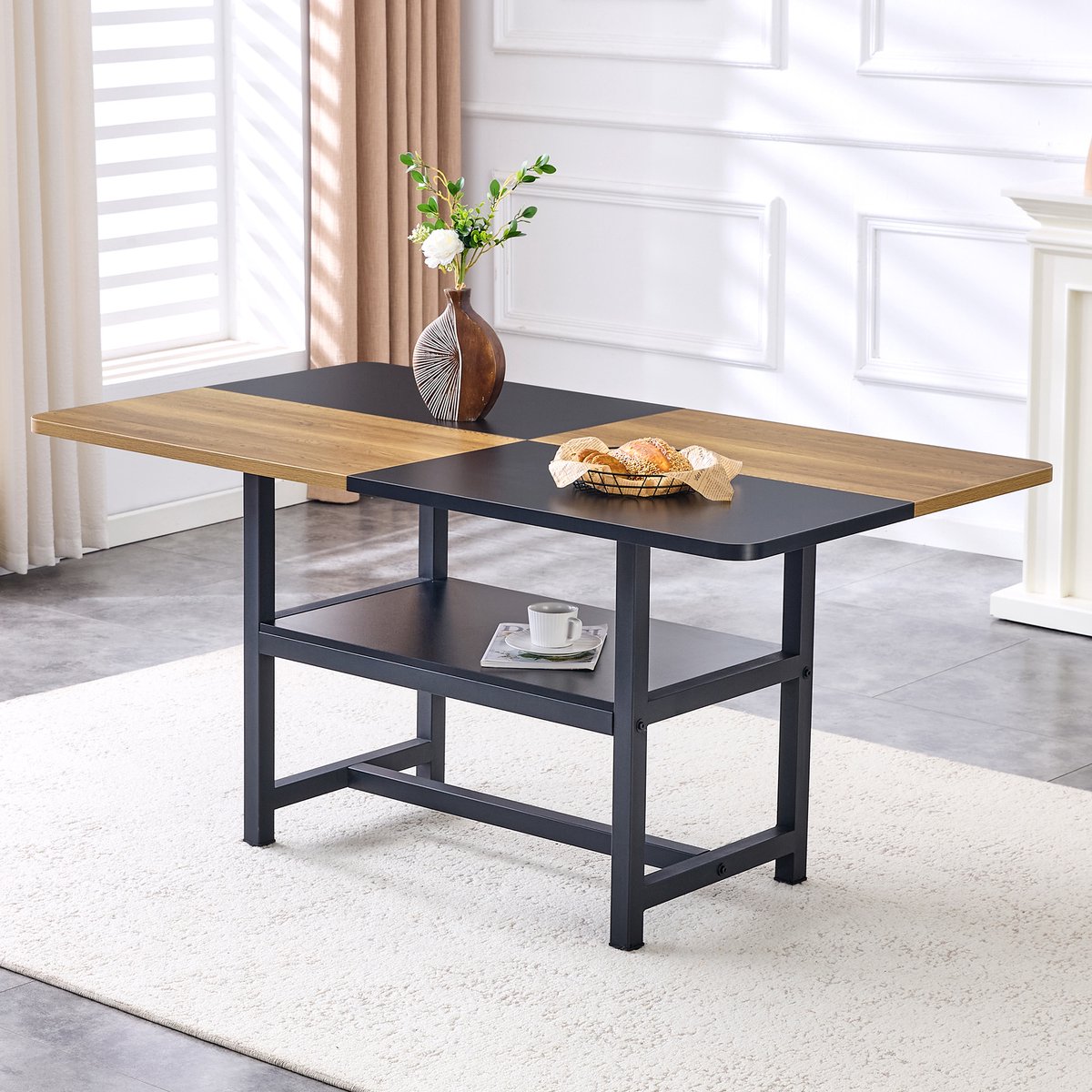 Rechthoekige eettafel in industrieel design, 160x90x76 cm, voor 4-6 personen, bruin/zwart,