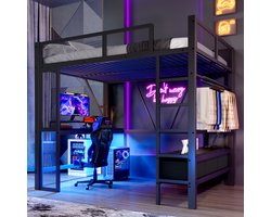 Hoogslaper 140x200 cm met Bureau, LED Verlichting & USB – Metalen Hoogslaper met Open Kledingkast, 3 Laden, Opbergruimte en Veiligheidshek, Zwart