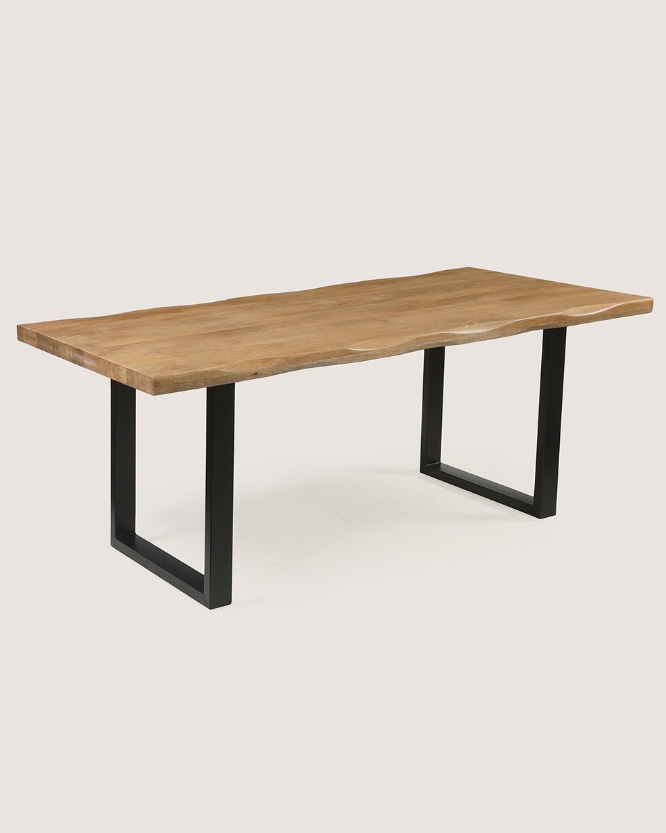 Rechthoekige Boomstam Eettafel 180 cm Mangohout – Zwart Metalen U-Poot – Industrieel – 6-8 Personen