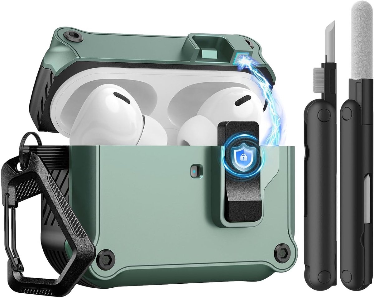 Beschermende Hard Case voor AirPods Pro 3 (2025) met Veilige Sluiting, Automatische Pop-up en Schoonmaakset - Ideaal voor Reizen en Outdoor Activiteiten in Cyan en Zwart