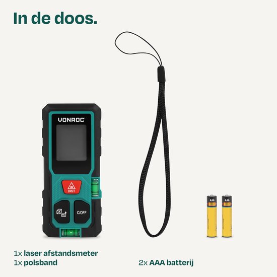 Inhoud van de doos: Zwarte en groene VONROC laser afstandsmeter, polsband en twee AAA-batterijen.