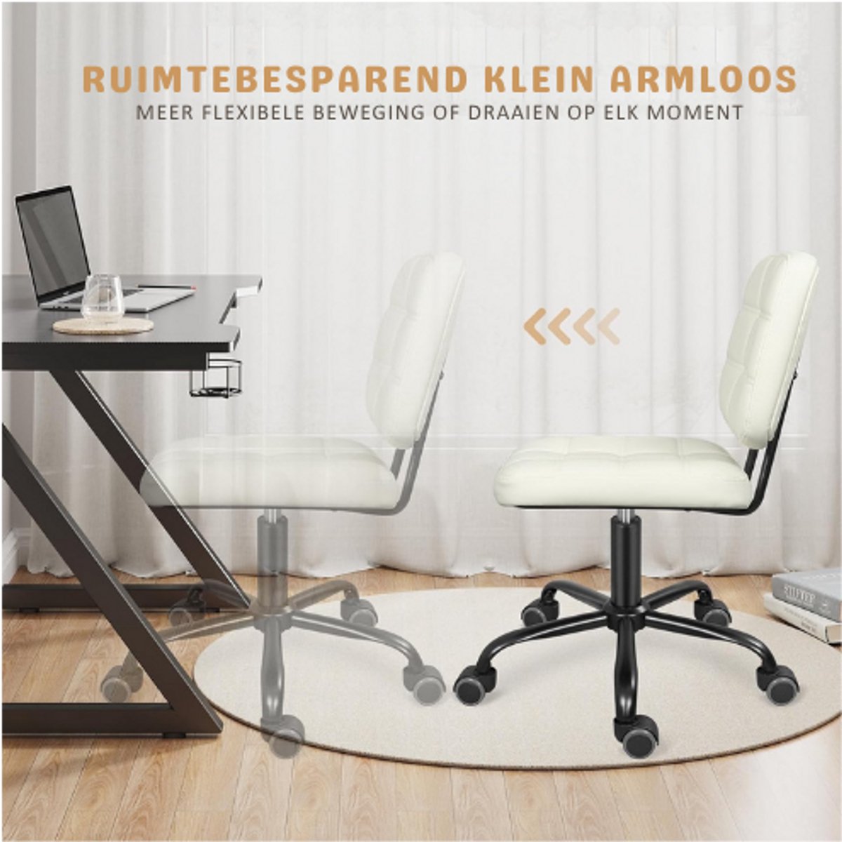 LEADER ACCESSORIES Ergonomische Bureaustoel Zonder Armleuningen - In Hoogte Verstelbaar - 360° Draaibare Wielen - Moderne Compacte Werkstoel Voor Kantoor En Thuiswerk - Wit thumbnail 2