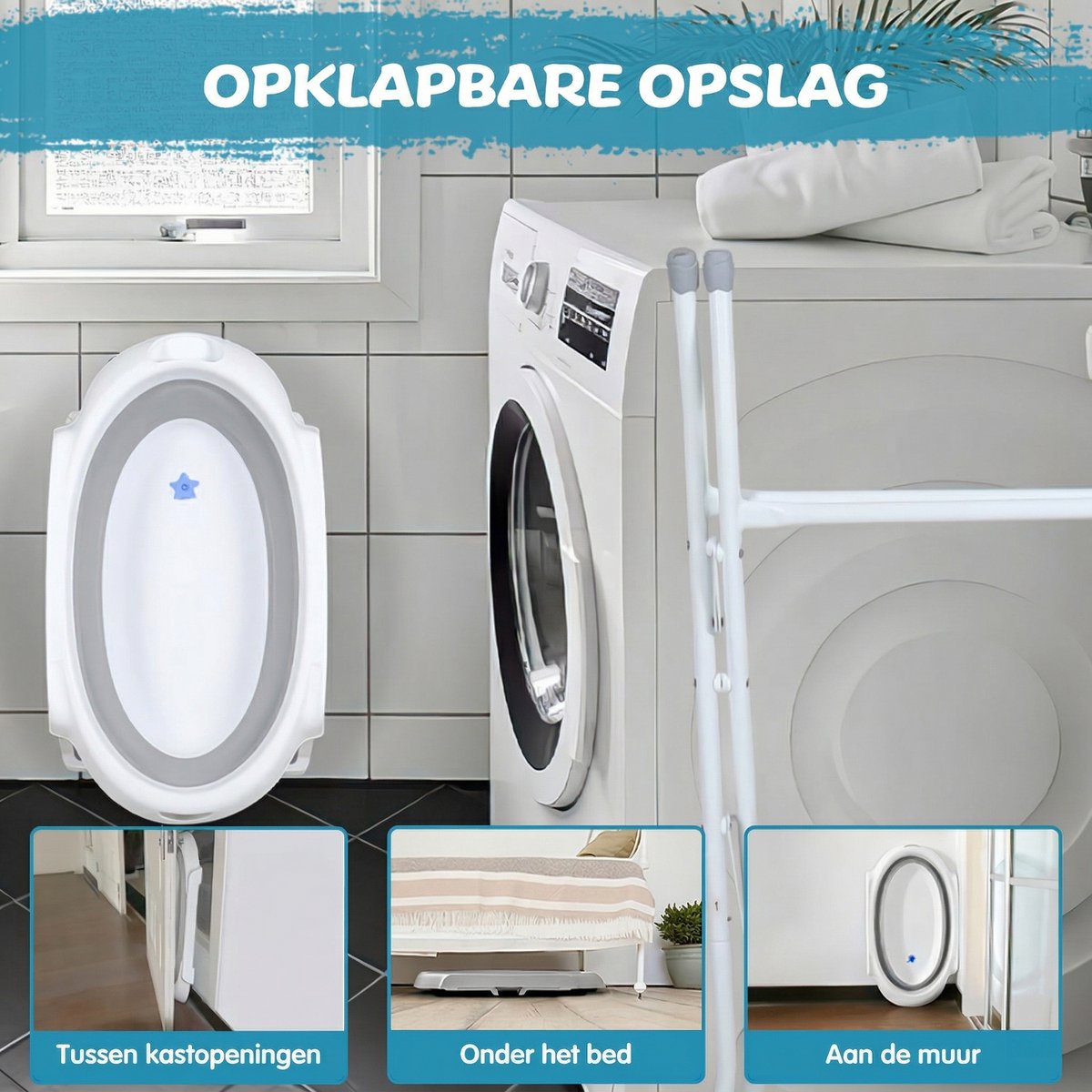 Opvouwbare Babybadkuip met IJzeren Standaard 66x61x82 cm – Ergonomisch op Staande Hoogte Geen Gebukt Staan Meer – Inklapbaar tot 17 cm – Inclusief Afvoerslang & Waterstop – Draagvermogen 35 kg – Voor Pasgeborenen & Baby s – TPR Bad – Grijs thumbnail 5