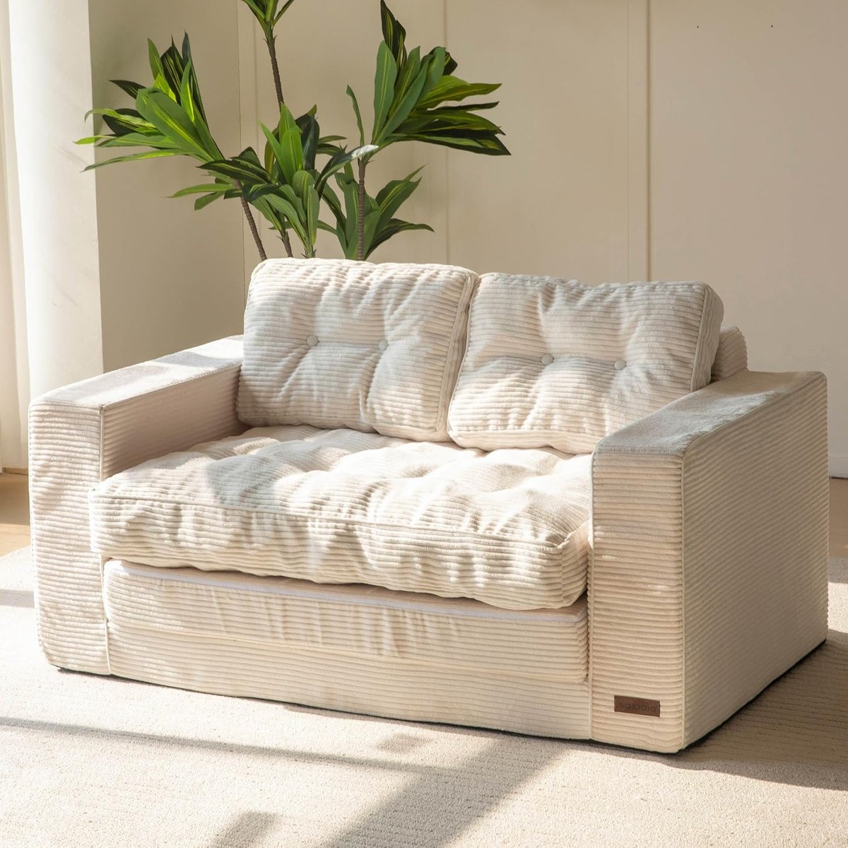 Slaapbank 2-zits Convertible Corduroy – 101x196 cm slaapgedeelte – 140 x 81 x 75 cm compacte loveseat vloerbank met 15 cm hoogwaardig schuim – crèmekleurig – HomebyNicole