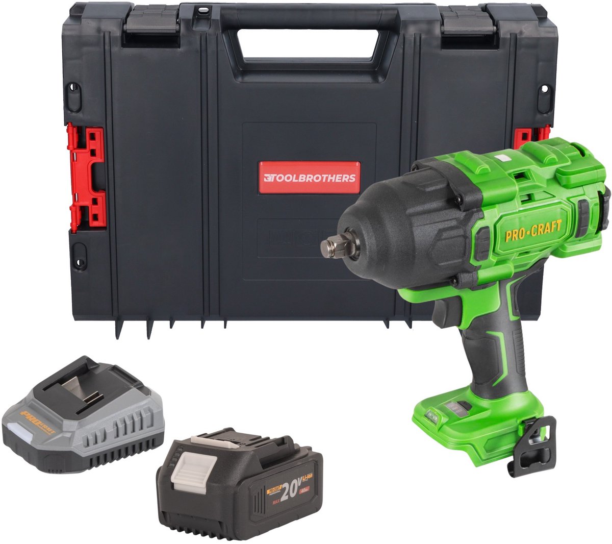 Procraft PWA80bb accu-slagmoersleutel 20 V 1600 Nm 1/2" borstelloos + 1x accu 4,0 Ah + oplader + RHINO-gereedschapskoffer
