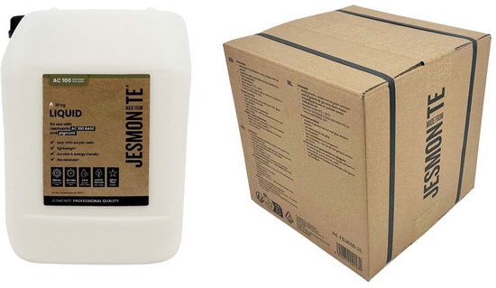 5L Jesmonite AC100 liquid in witte jerrycan naast een bruine kartonnen doos, vastgebonden met zwarte banden.