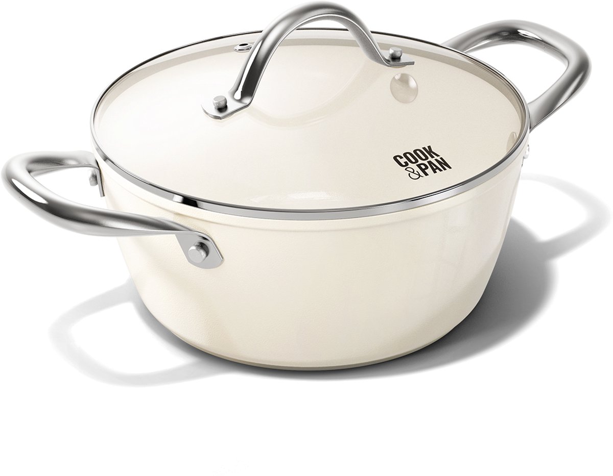 Cook & Pan - Kookpan met deksel 20 cm - PFAS vrij - Inductie Keramisch - Non stick - 7 jaar garantie - Crème