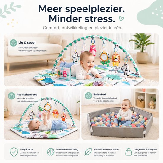 BOTC Babygym met Speelboog - Babyspeelmat 110x100 cm - Zacht Speelkleed met Hangend Speelgoed - Baby Gym 0-18 Maanden - Jungle van BOTC — afbeelding 3