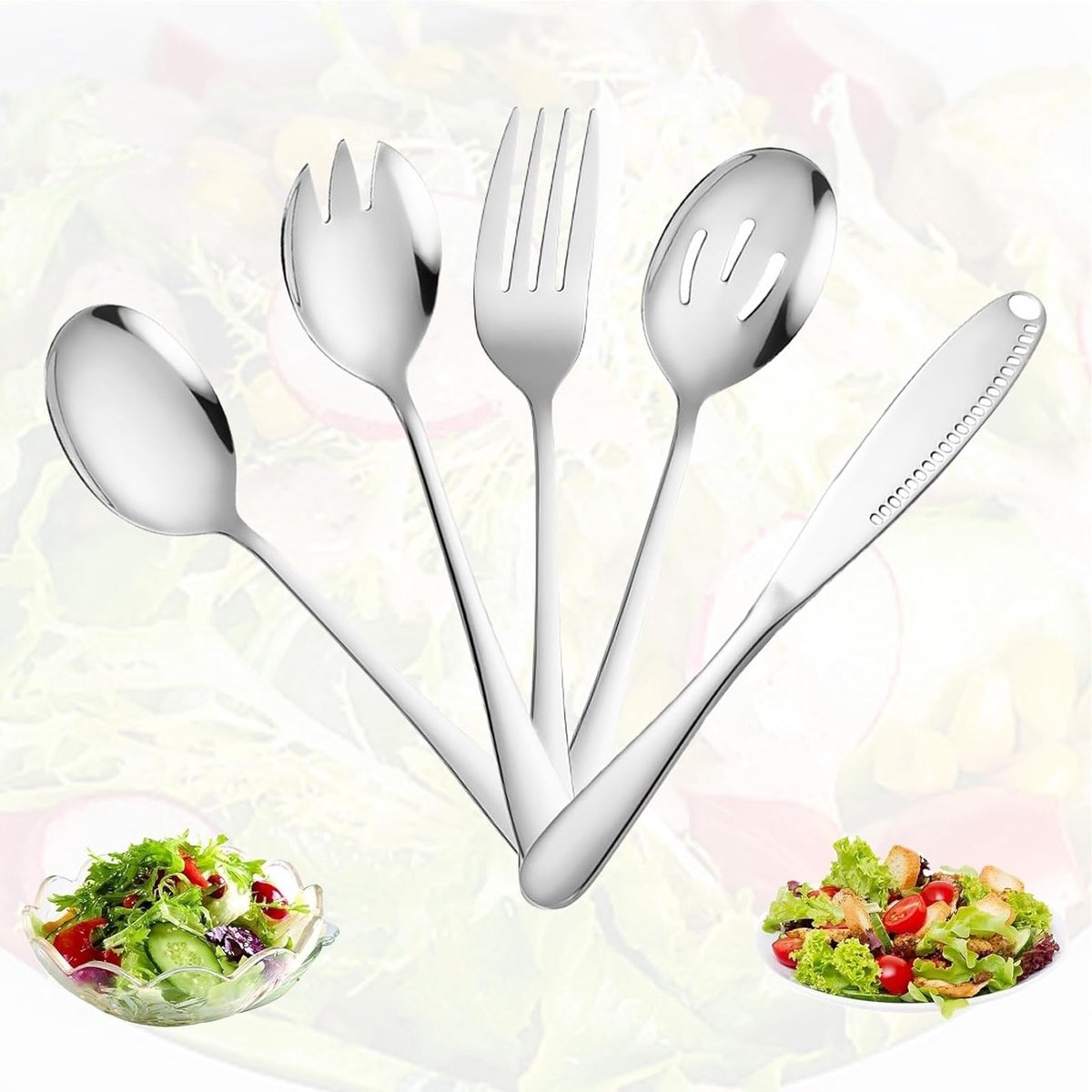 5-delige set van roestvrijstalen saladebestek met lepels, vorken en botermessen voor perfecte salades en bijgerechten