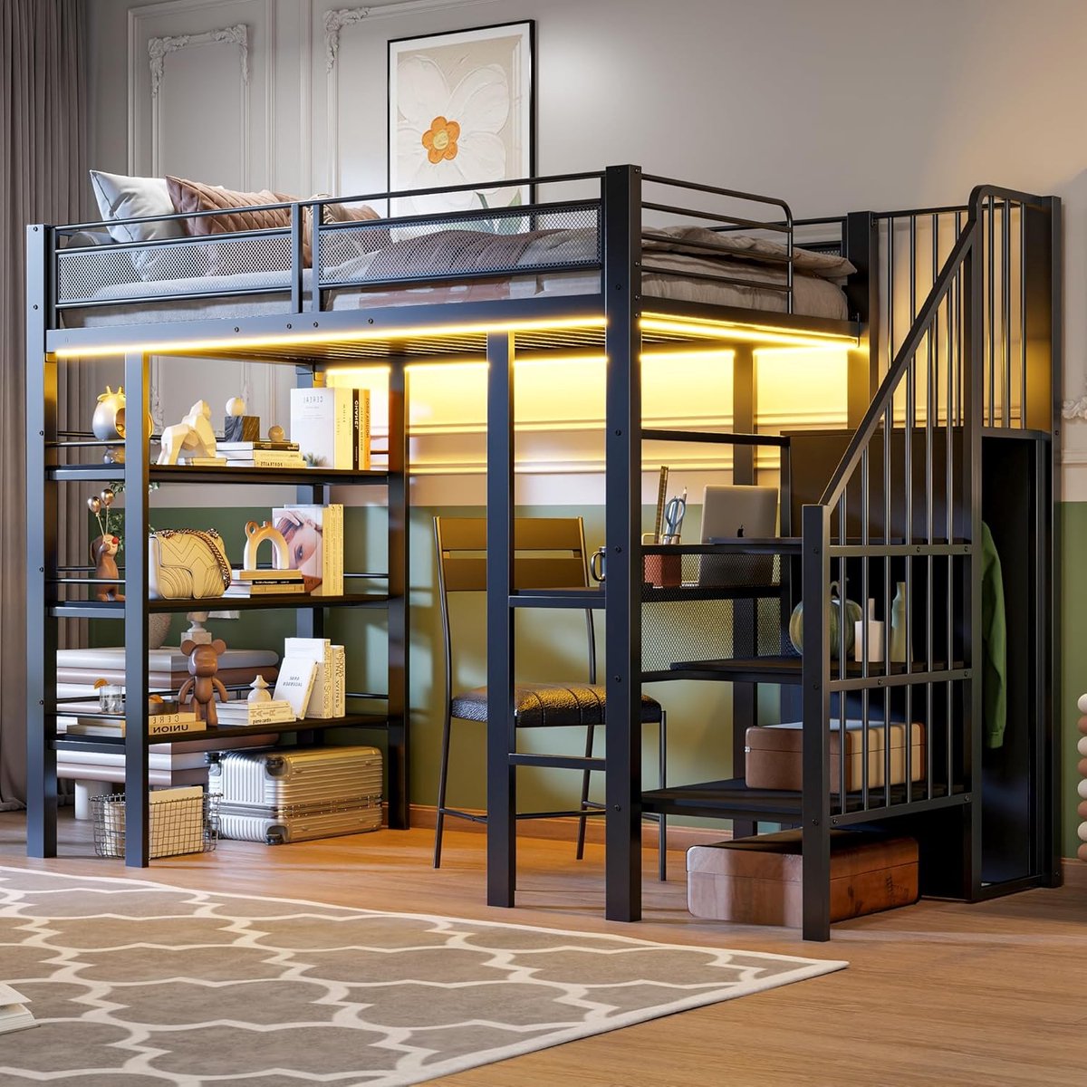Hoogslaper “Urban Loft Study & Storage LED” 90 x 200 cm met Bureau, LED Verlichting, Stopcontact, Opbergrek en Multifunctionele Werkplek – Zwart