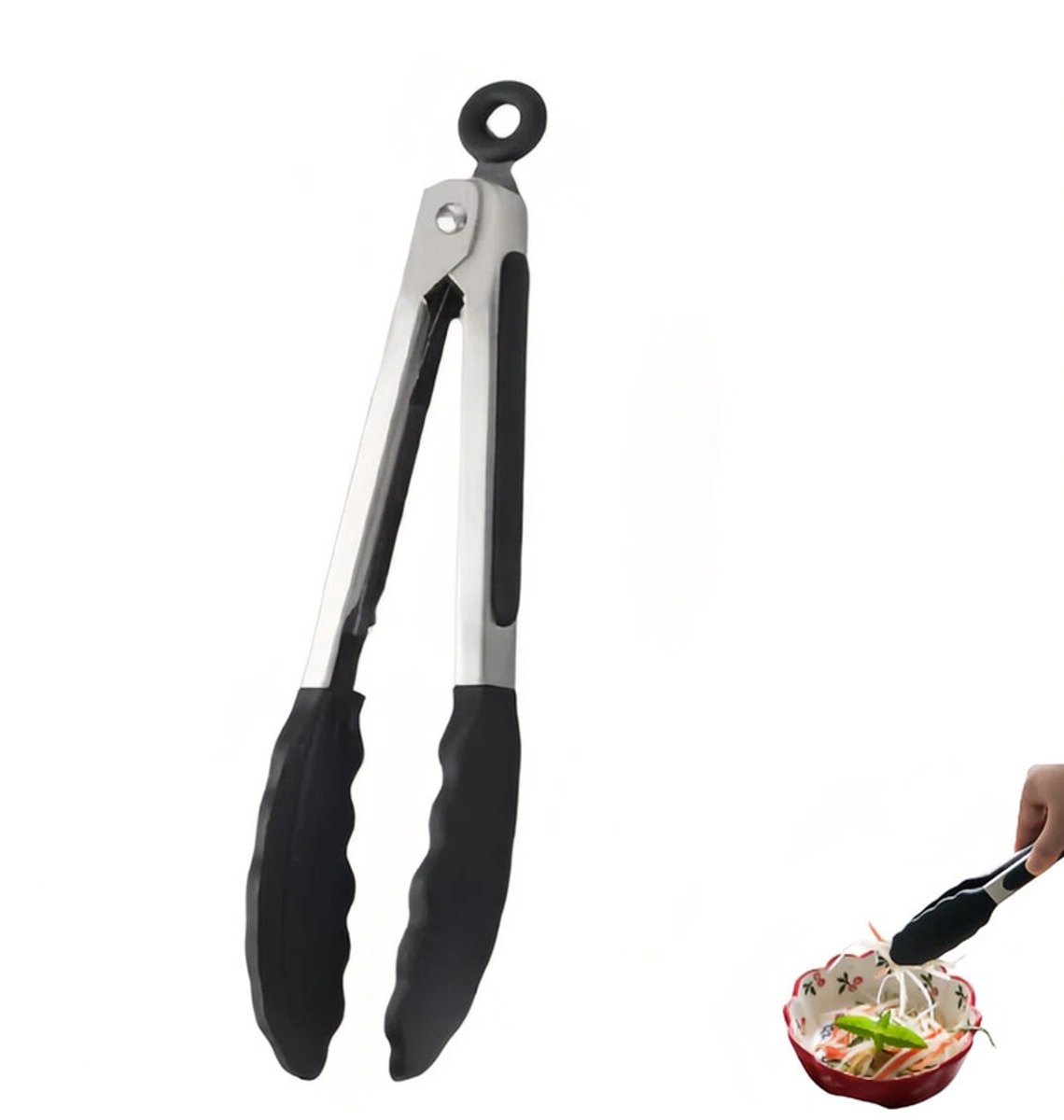 1 stuk - Siliconen voedselklem - Hittebestendige BBQ-klem - Broodklem - Steakklem - Antislip voedselklem - 21 *2.5cm - zwart-Keukenklem voor airfryers - Antiaanbaklaag - krasbestendige pasta- en saladeklem - Geschikt voor barbecueën en frituren