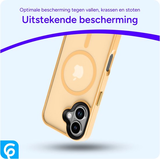 Coque de téléphone dorée avec dos mat, le texte "Protection optimale contre chutes, rayures et chocs" et "Excellente protection".