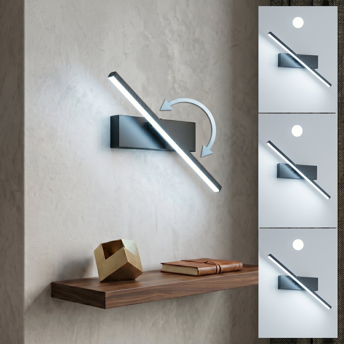 MUPOO Wandlamp binnen met 330° draaibaar-zwart Verstelbaar leeslamp wand- modern LED wandlampen voor slaapkamer, bed, gang, trap & badkamer-warm wit licht-50cm