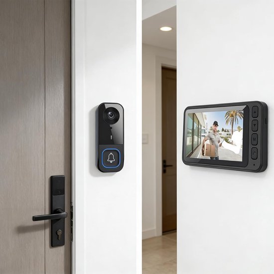 Draadloze deurbel met camera, 4,5 inch waterdicht IPS-scherm, videodeurbel voor buiten met Bluetooth, 1080p-resolutie, geen wifi, geen app, kijkhoek van 120°, draadloze intercom, nachtzicht, tweewegsaudio — afbeelding 3
