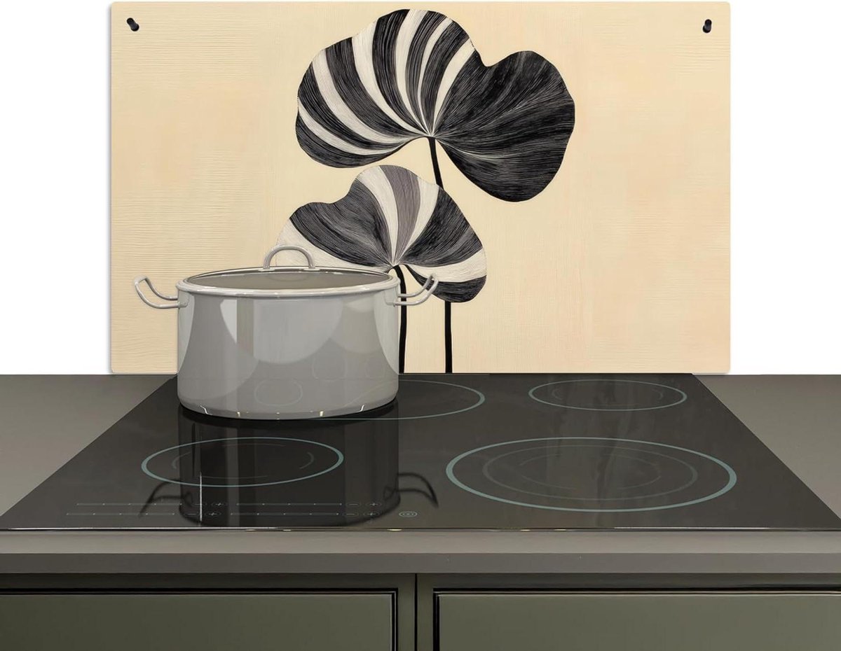 KitchenYeah© Spatscherm Keuken 52x90 cm Kookplaat Achterwand Beschermer Muur Spatwand Fornuis Aluminium Hittebestendig Zwart Bladeren Strepen Minimalistisch