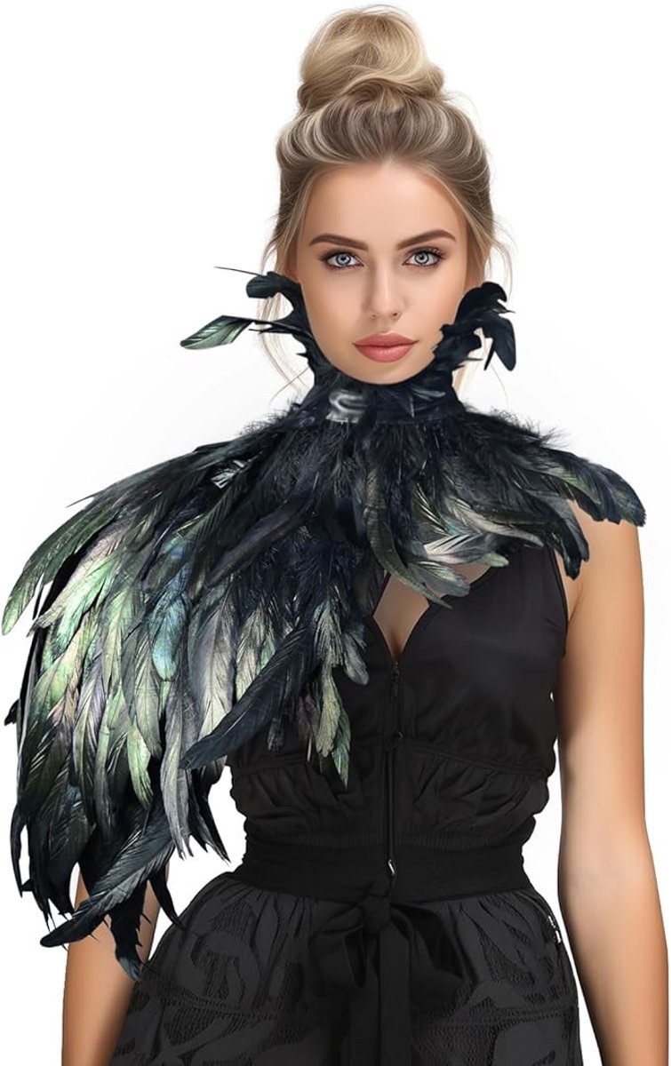 Zwarte veren kraag dames – Luxe fashion accessoire – Modieuze kraag met veren – Halsversiering voor Feest, Carnaval, Festival, Avondkleding – Elegante Verenkraag voor Feest & Shows – Fotoshoots en Stijlvolle Outfits – Carnaval – Boudoir – One size