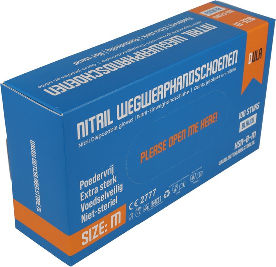 Doos met blauwe nitril handschoenen, maat M, 100 stuks. 'DULA' en 'PLEASE OPEN ME HERE' erop.