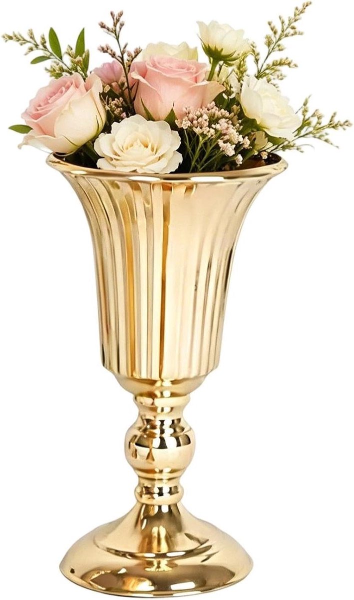 Gouden vazen voor tafelopzetstukken, decoratieve trompetten van metaal, 27,2 cm, goudkleur
