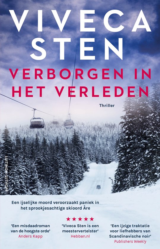Boekcover: "Verborgen in het Verleden" van Viveca Sten, met ski-liften en besneeuwde bomen.