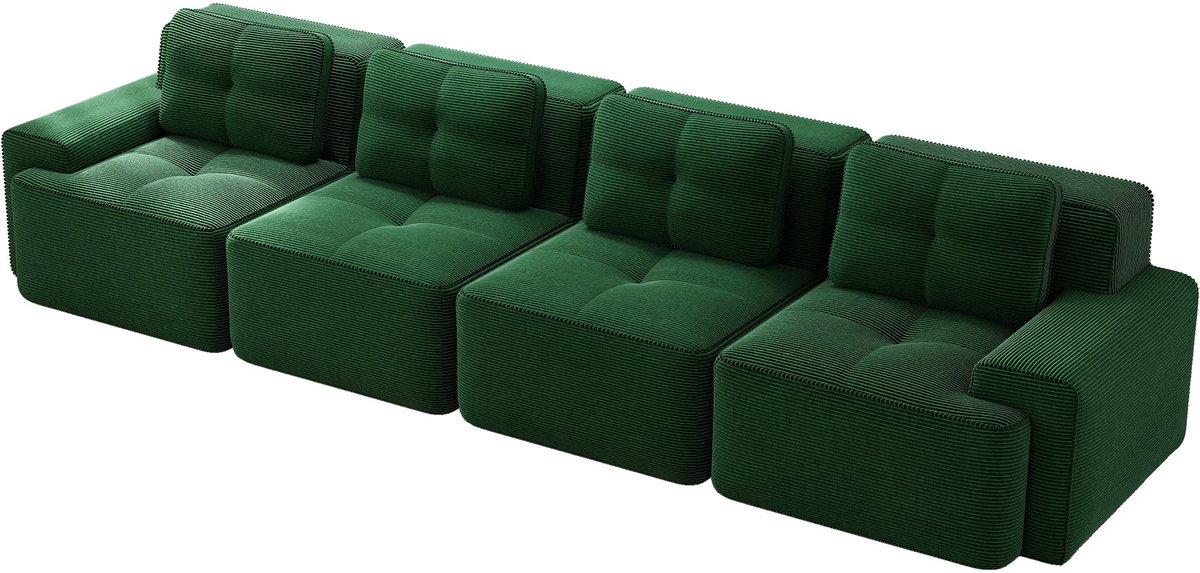 Merax Frameloze Cloudbank 4-Zits - Groene Ribstof Loungebank 382 cm - Modulaire Bank met Diepe Zitting - Antislip Onderzijde - Geen Montage Nodig - Sofa voor Woonkamer