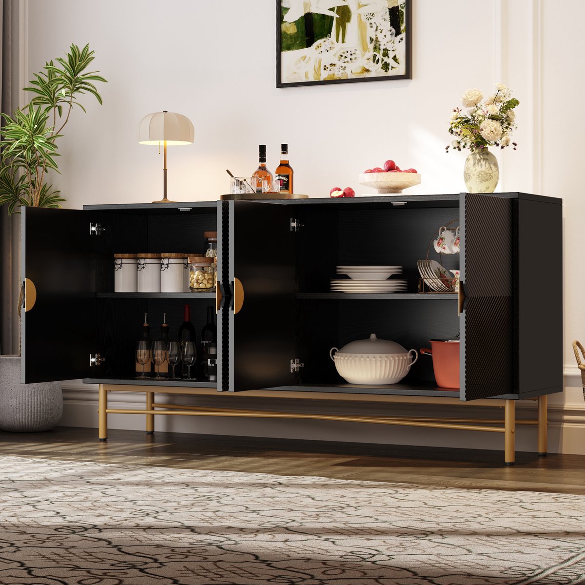 Clruro Dressoir - 160 x 40 x 82 cm - 4 Deuren met Geborstelde Gouden Grepen en Hoogglans Poten - Verhoogd Textuur Design - Houtmateriaal - Zwart