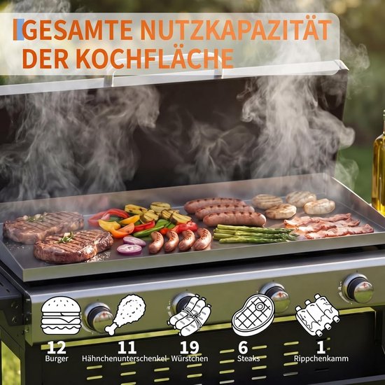 Gasbarbecue met 4 branders en een vermogen van 32.000 BTU - barbecuewagen met een vlakke bakplaat van 3086 cm² - draagbare barbecue die zowel vrijstaand als op tafel kan worden gebruikt - weerbestendige kap - roestvrijstalen branders — afbeelding 5