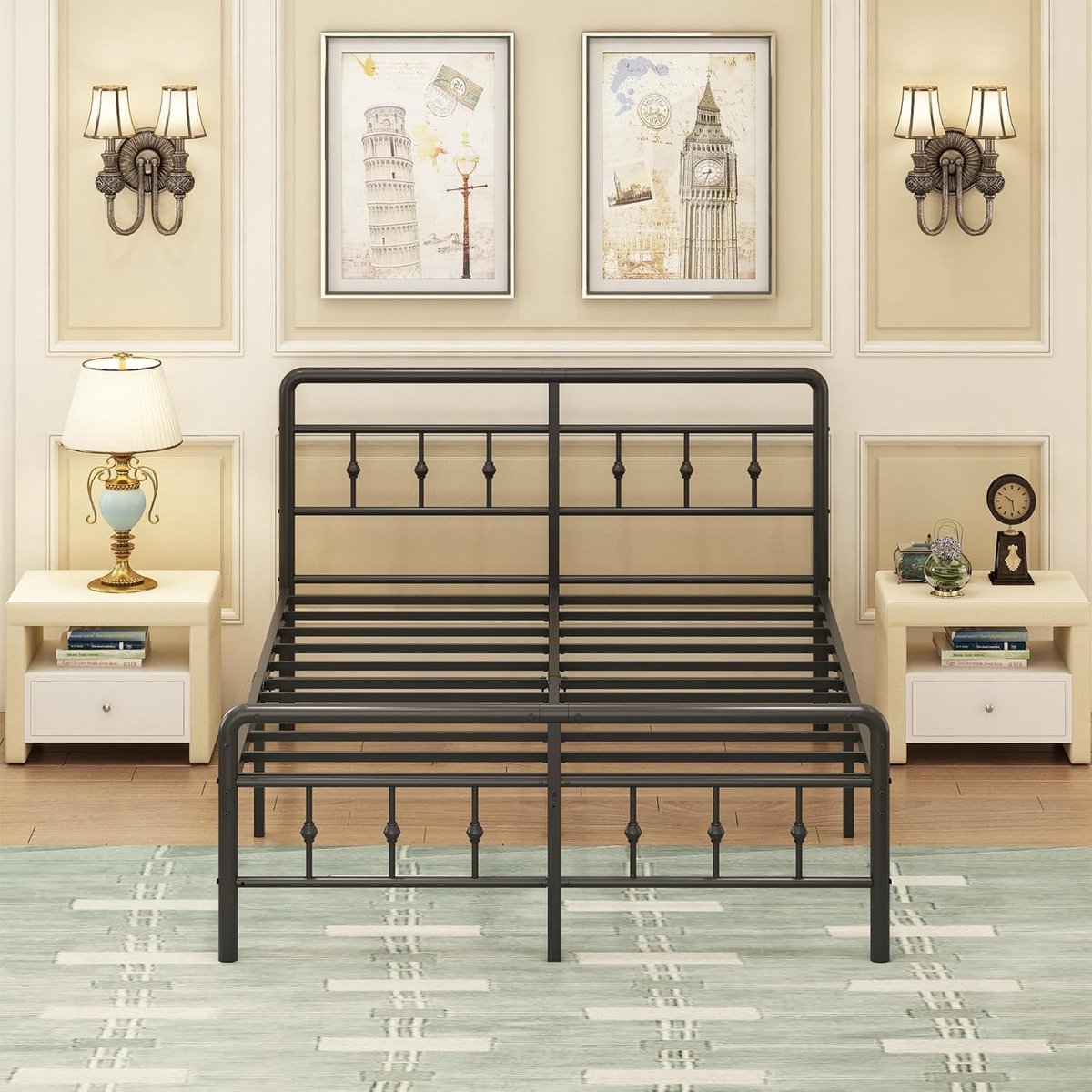 Luxe Vintage Metalen Tweepersoonsbed 180x200 cm met Hoofd- en Voetbord – Stevig Stalen Bedframe, 46 cm Hoog, Fluisterstil, Onderbed Opbergruimte – Mobili Bella