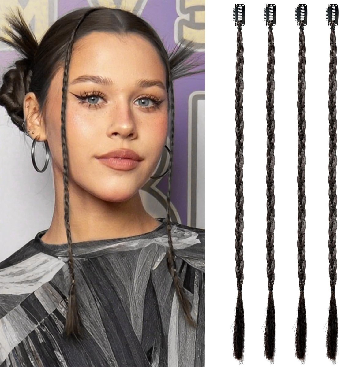 Dailygoods- Haarstukken 17 Inch - Clip-in Vlecht Extensions - Hittebestendige Synthetische Zijde - Bruin/Zwart - 4 Stuks - Dagelijks Gebruik - Vlechtextensions