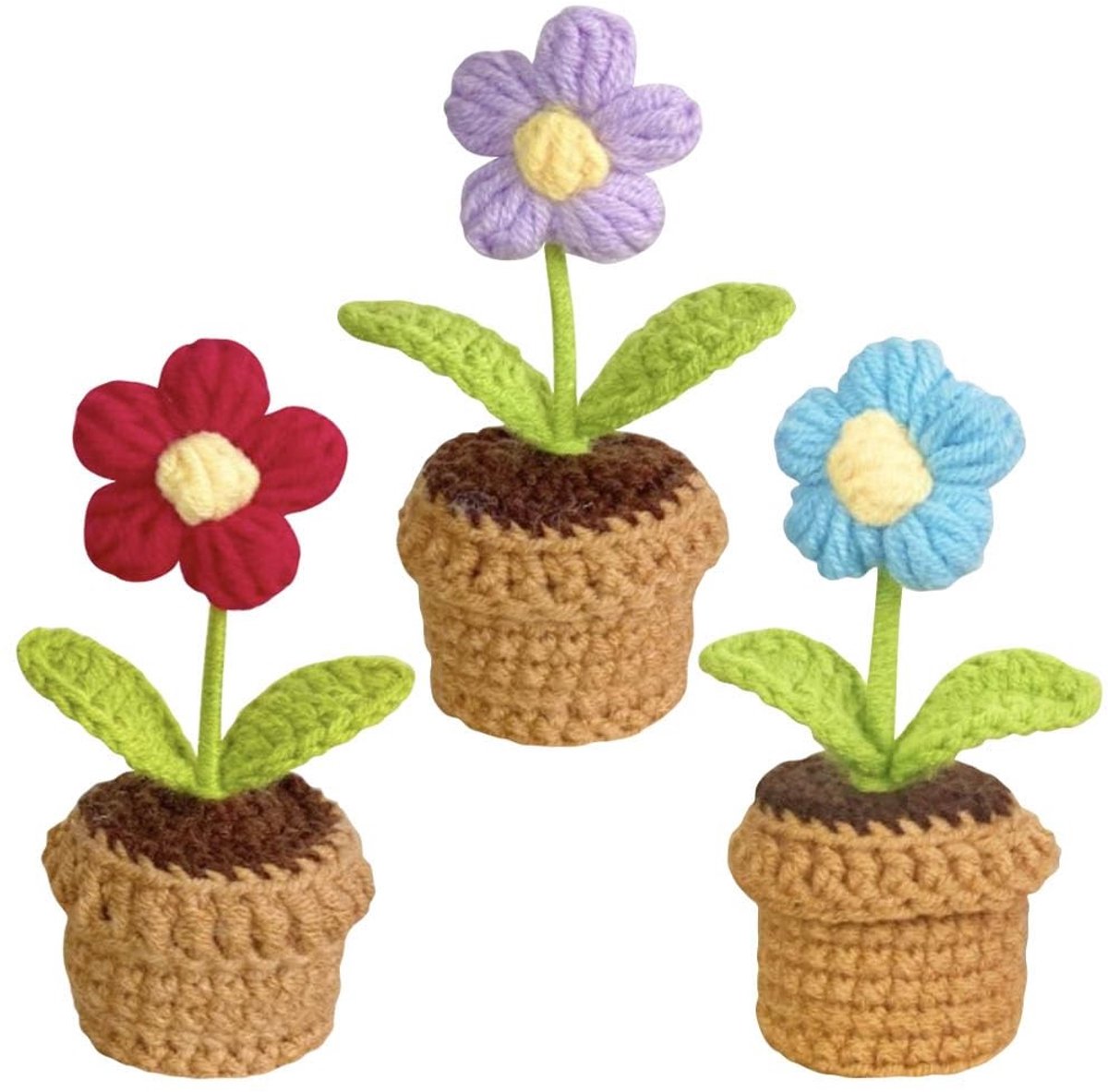 Dailygoods- Kantbloemen Handgemaakt - Kunstbloem - Gehaakt - Decoratie - Mini Bloem in Pot - 5 x 13 cm - Hoogwaardig Katoengaren - Nepplant