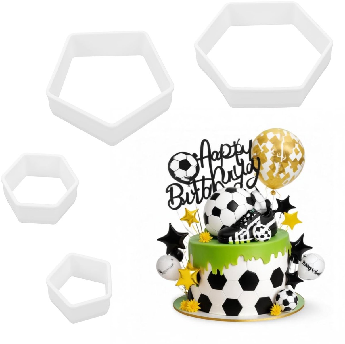 Dailygoods- Voetbal-uitsteekvormen 4-delig - Koekjessnijder - Fondant Snijder - Taartdecoratie - Duurzaam Kunststof - Maten 9/7,5/4,5/3,5 cm - Koekjesuitsteekvormen