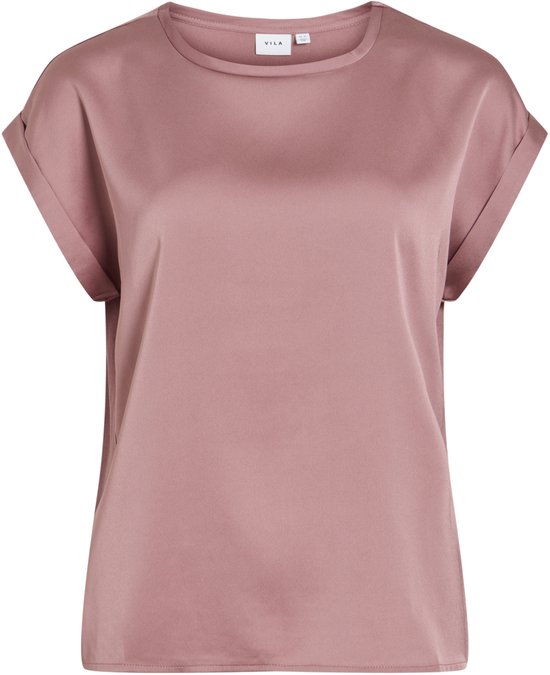 Roze satijnen T-shirt met opgerolde korte mouwen en boothals. VILA label zichtbaar.