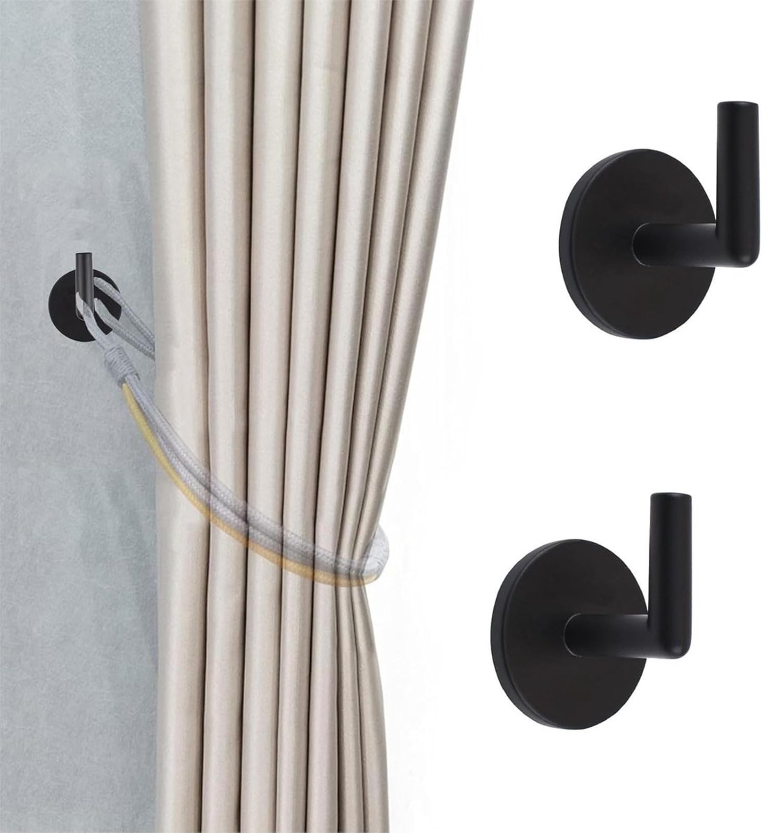 Dailygoods- Gordijnhaken 4 Stuks - Zelfklevende Wandgemonteerde Houders - Metalen Wandhaak - Hoogwaardig Metaal - Zwart - Duurzaam Ontwerp - Wandhaken