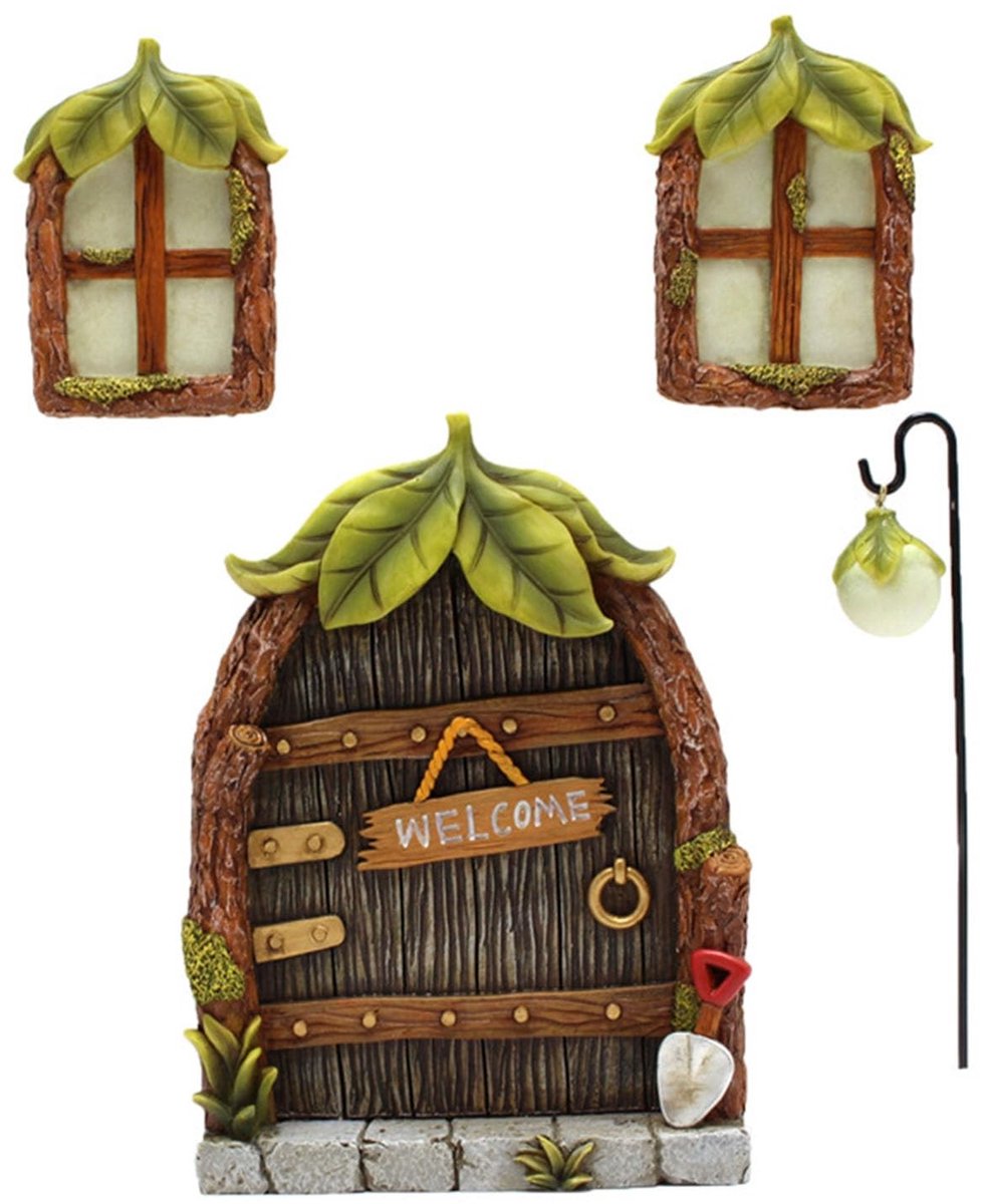 Dailygoods- Fairy Deur - Glow Raam Decoratie - Miniatuur Tuin Ornament - Buiten Decoratie - Synthetische Hars - 10x2x14,5cm - Tuindecoratie