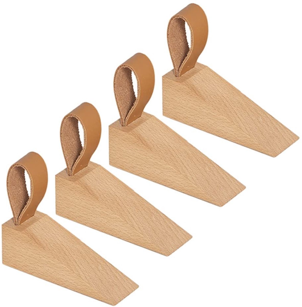 Dailygoods- Deurwig 4-delig - Houten Deurstopper - Bodemwig - Deurblok - Vloerdeur - Met Lederen Gesp - Afmetingen 11x3,5x3,5 cm