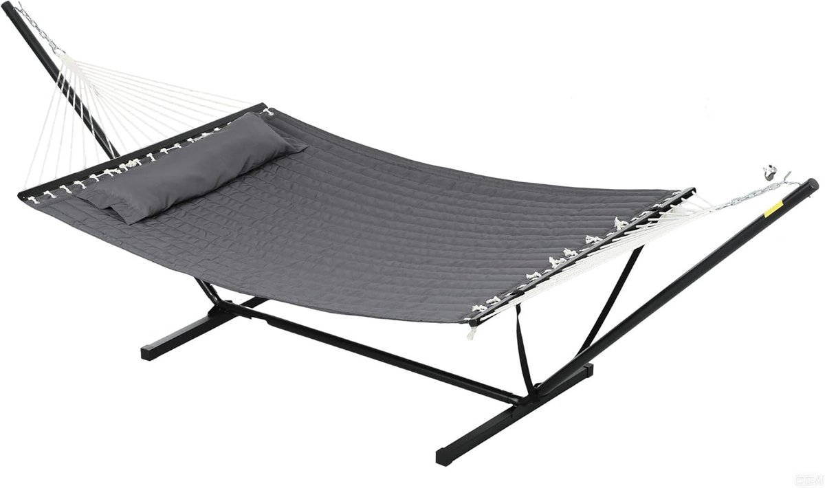 Hangmat met standaard - Ligstoel buiten - Ontspannen in de tuin - Inclusief kussen - 368 cm lang - Donkergrijs